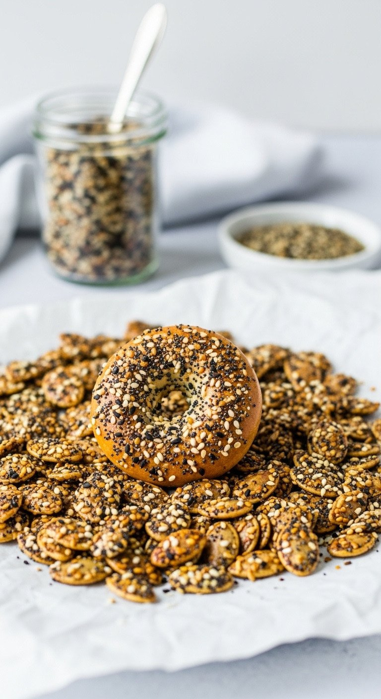 Roasted Pumpkin Seeds Coated In Everything Bagel Seasoning On Parchment Paper, With Poppy, Sesame, Onion, And Garlic.