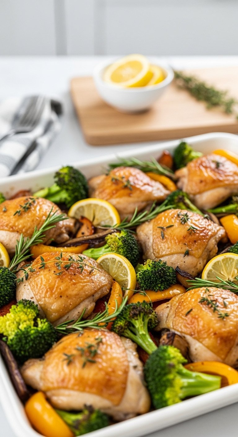 Roasted Sheet Pan Chicken Thighs With Broccoli And Lemon Wedges Garnished With Fresh Rosemary.