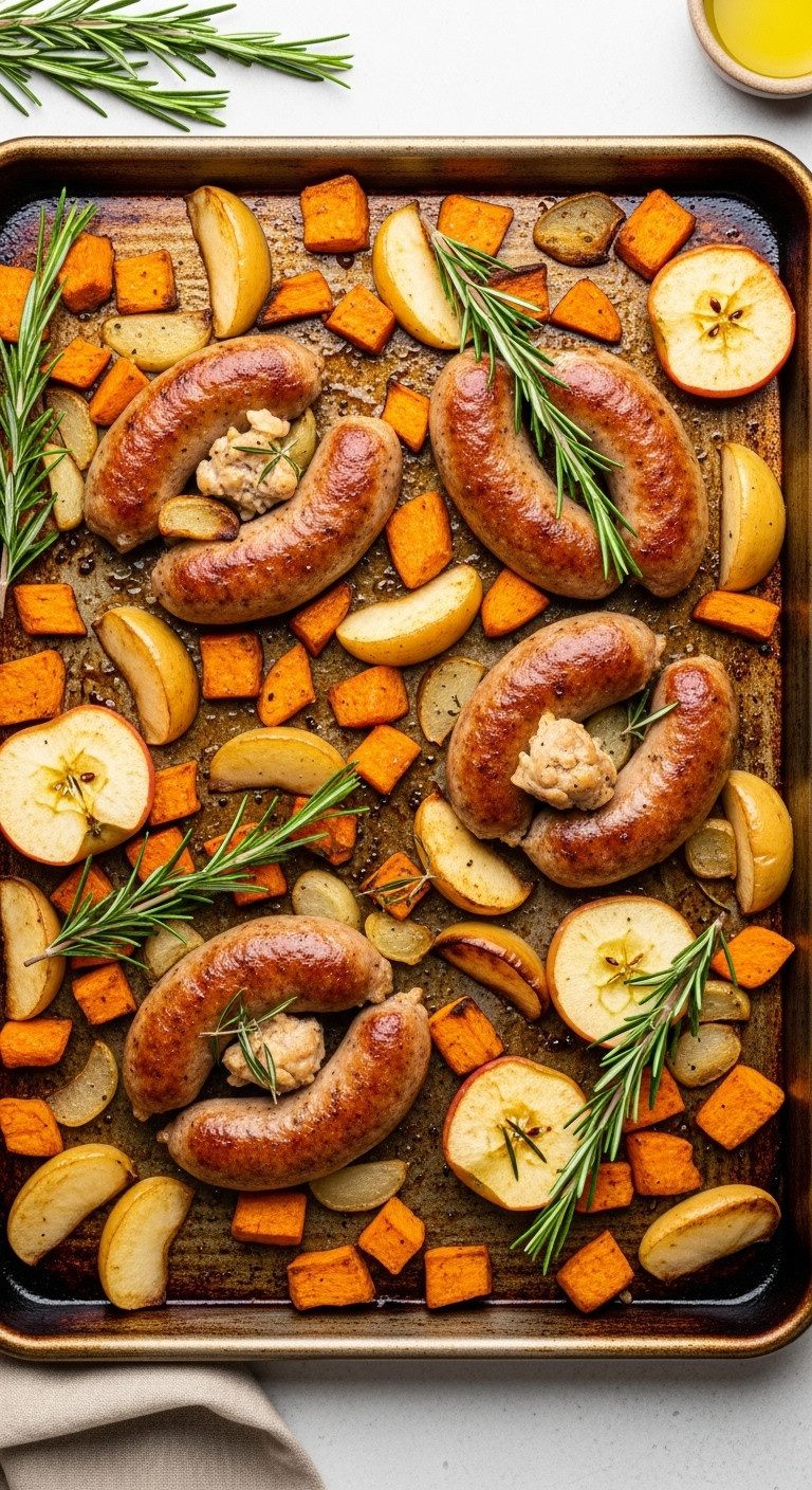 Roasted Sheet Pan Dinner With Browned Chicken Apple Sausages, Sweet Potato, Caramelized Apples, And Rosemary.