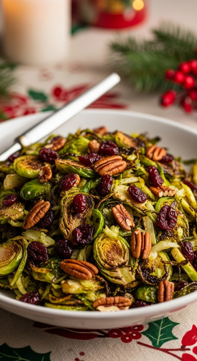 Roasted Shredded Brussels Sprouts With Vibrant Red Cranberries And Crunchy Pecans In A Festive Serving Bowl