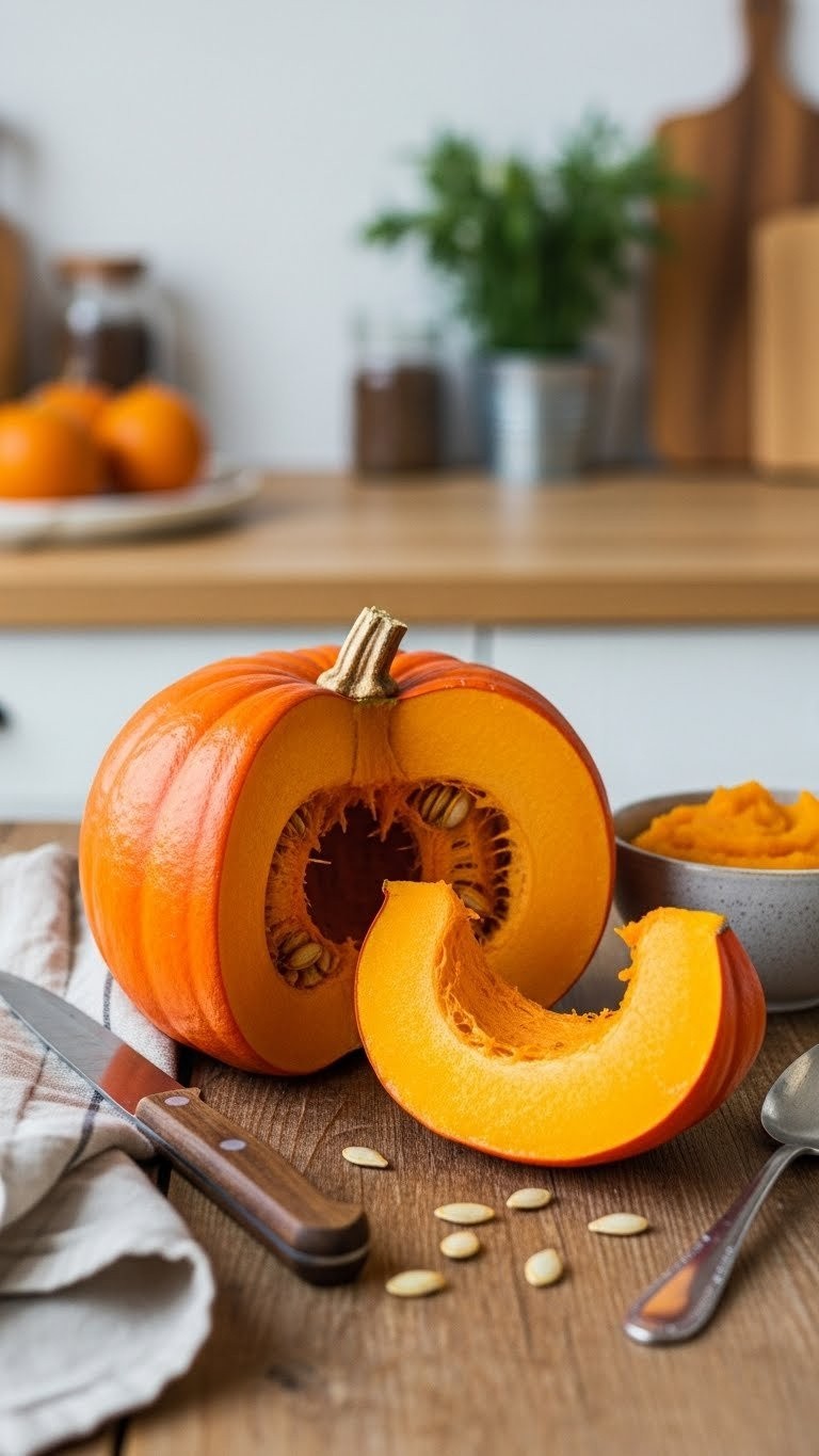 Roasted Sugar Pumpkin Sliced Open Showing Golden Interior With Homemade Pumpkin Puree On Rustic Table