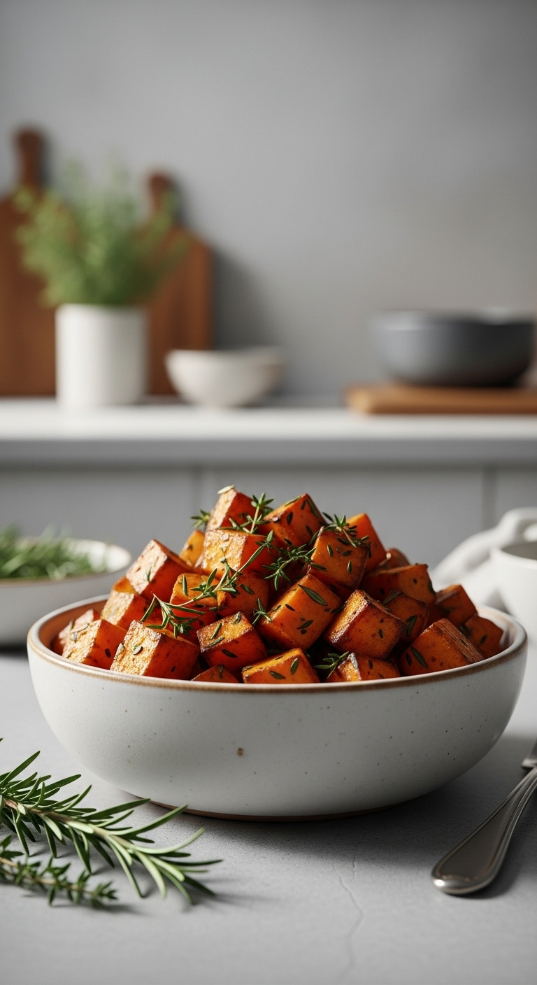 Roasted Sweet Potato Cubes Flecked With Fresh Rosemary And Thyme In A White Bowl On A Concrete Surface