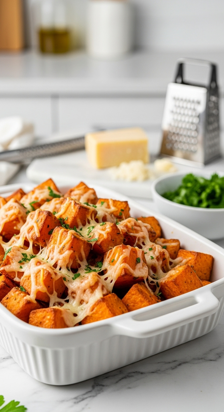 Roasted Sweet Potato Cubes With Crispy Melted Parmesan And Green Herbs In A White Dish On Marble With Cheese And Parsley