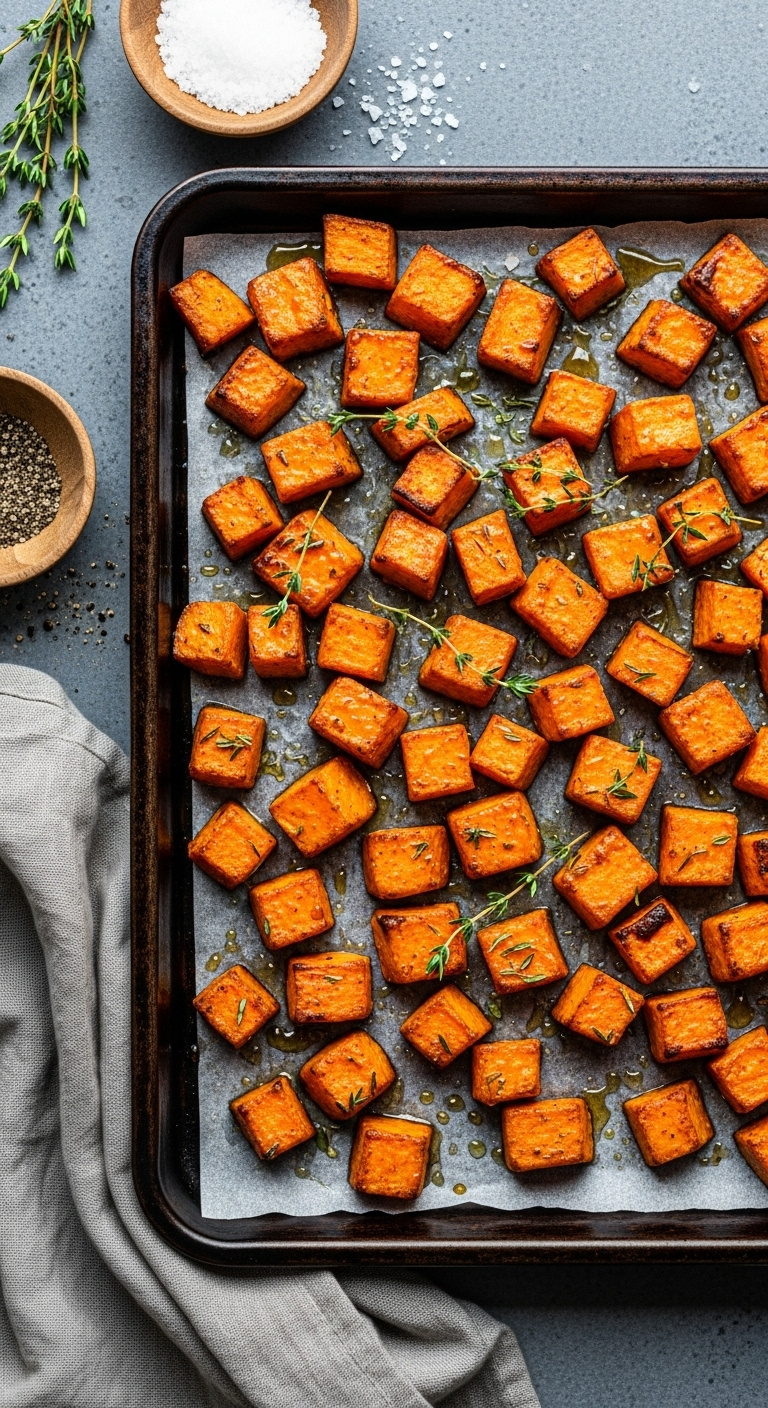 Roasted Sweet Potato Cubes With Maple And Cinnamon On A Dark Baking Sheet With Thyme And Sea Salt