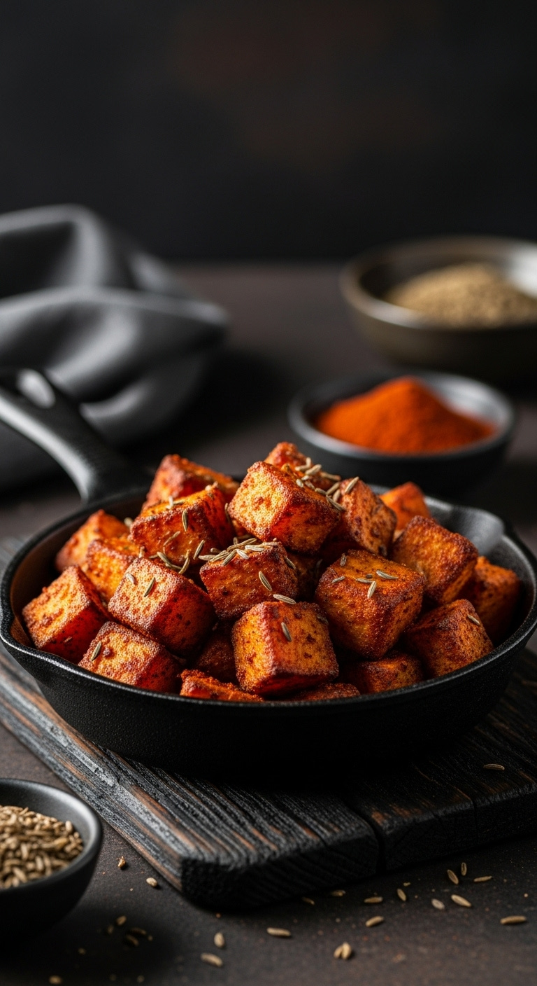 Roasted Sweet Potato Cubes With Smoked Paprika And Cumin In A Cast Iron Skillet On A Charred Wooden Board