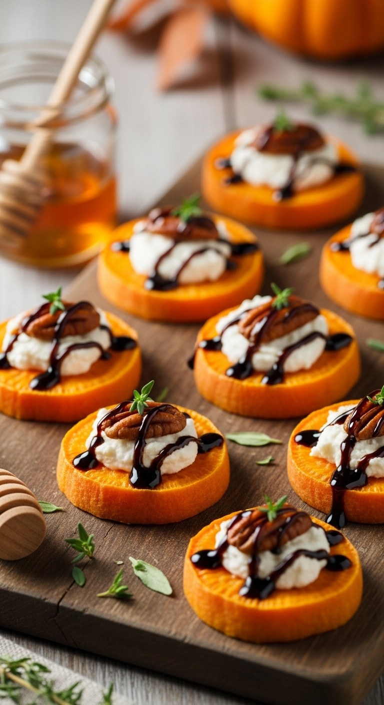 Roasted Sweet Potato Slices Topped With Creamy Goat Cheese Dark Balsamic Glaze Honey Roasted Pecans And Thyme Leaves