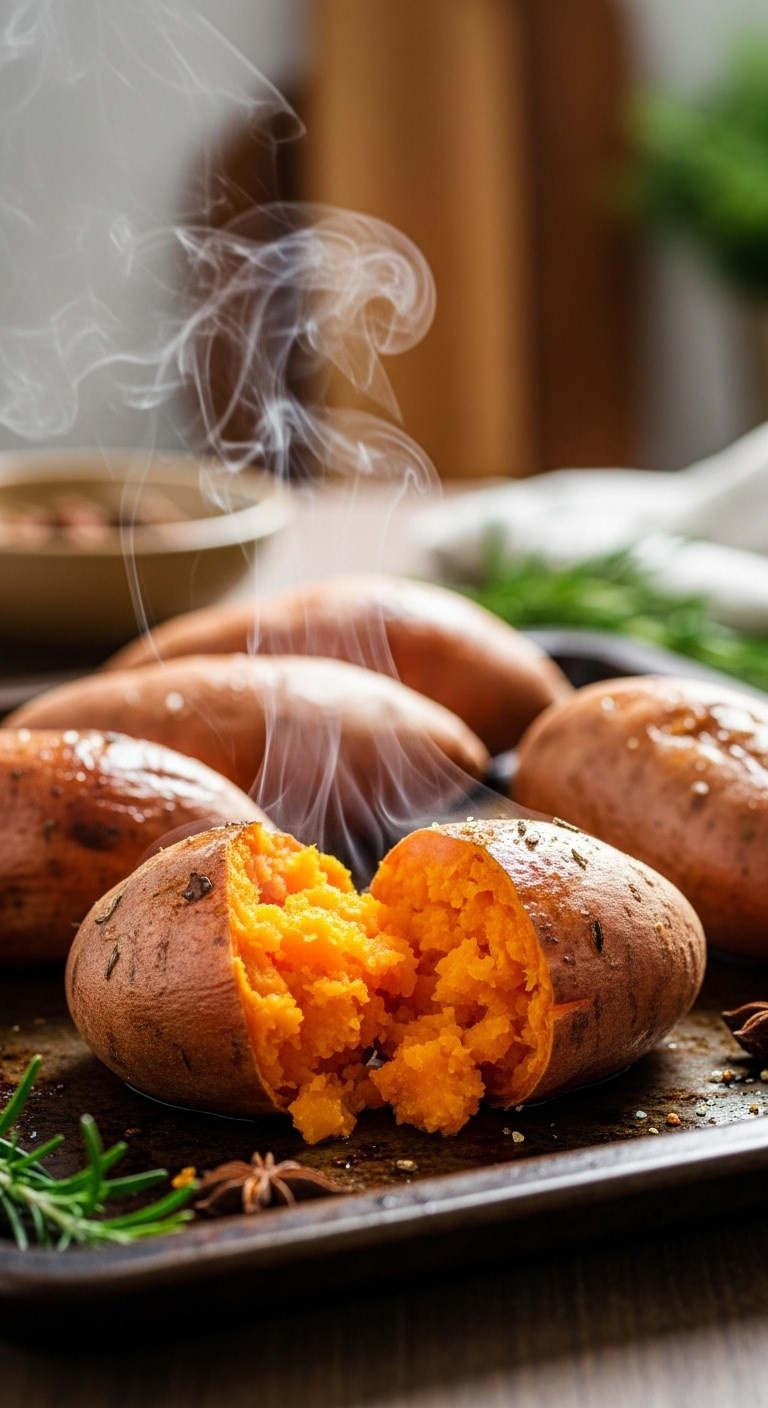 Roasted Sweet Potatoes On A Rustic Baking Sheet With Rosemary, One Split Showing Vibrant Steamy Orange Interior.