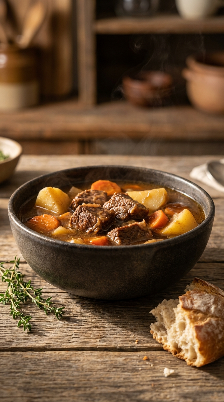 Robust Instant Pot Beef Soup With Tender Beef Chunks, Potatoes, And Carrots In Dark Brown Broth