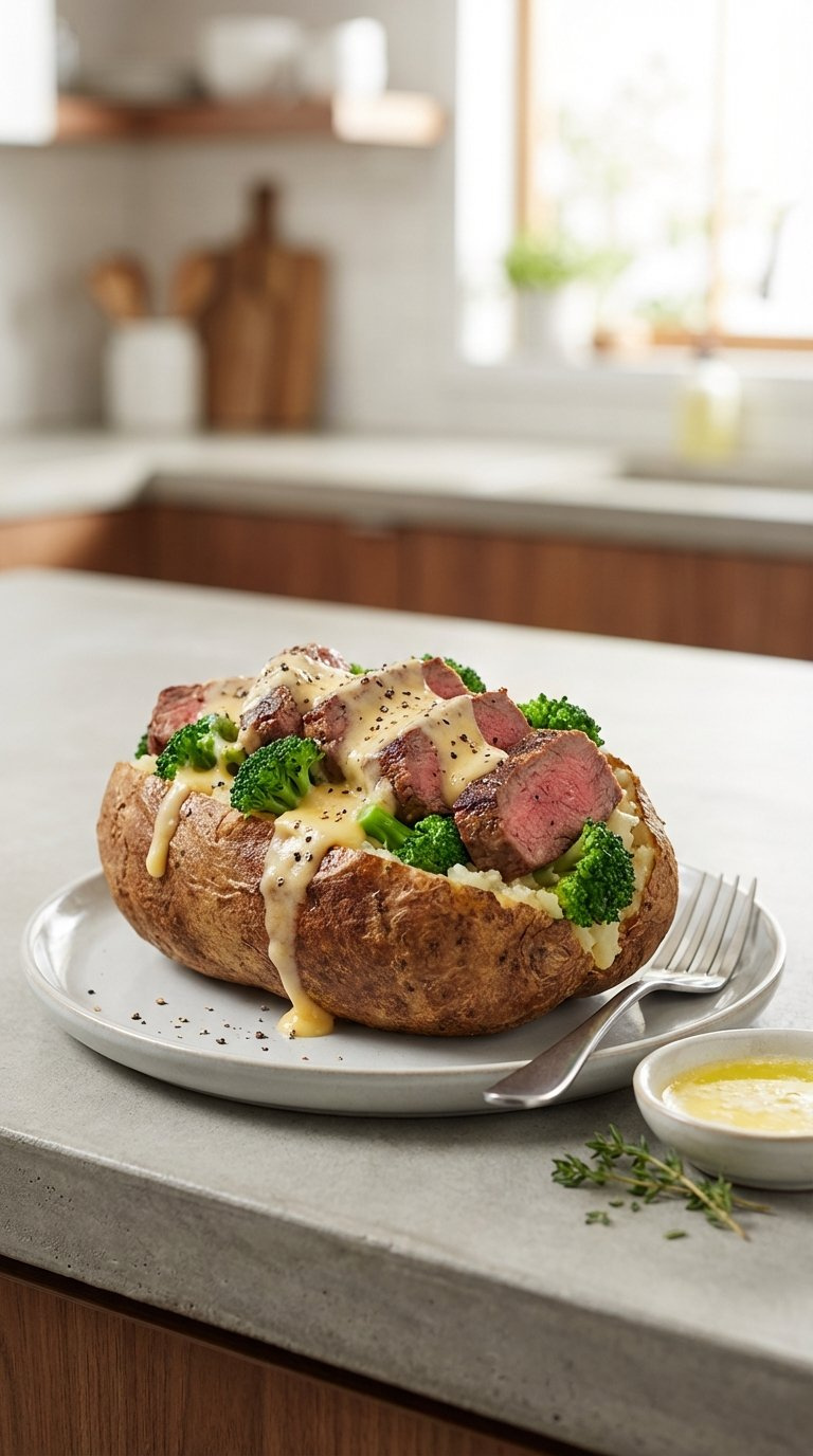 Robust Steak And Broccoli Baked Potato With Grilled Steak Slices, Steamed Broccoli, And Cheese Sauce Drizzle