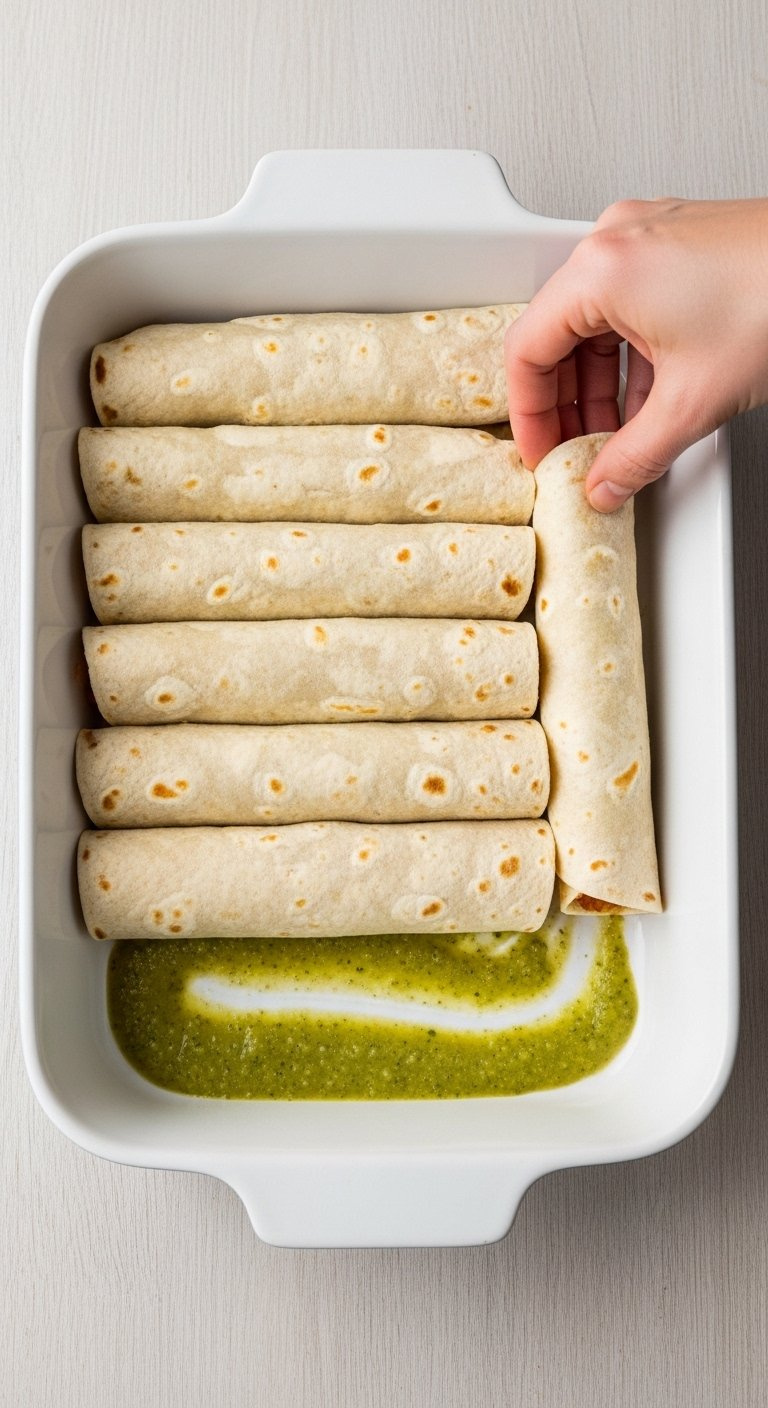 Rolled Chicken Enchiladas Arranged Neatly In A White Ceramic Baking Dish With Green Sauce.