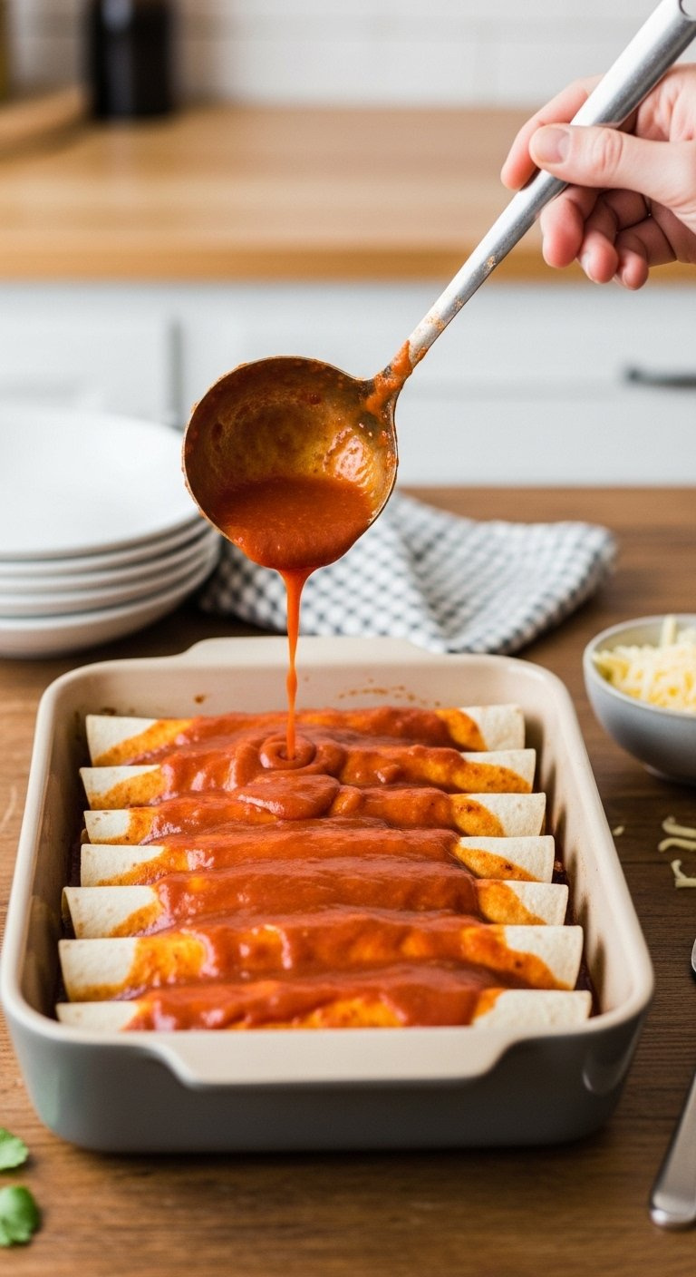 Rolled Chicken Enchiladas In A Baking Dish Generously Topped With Vibrant Red Enchilada Sauce.