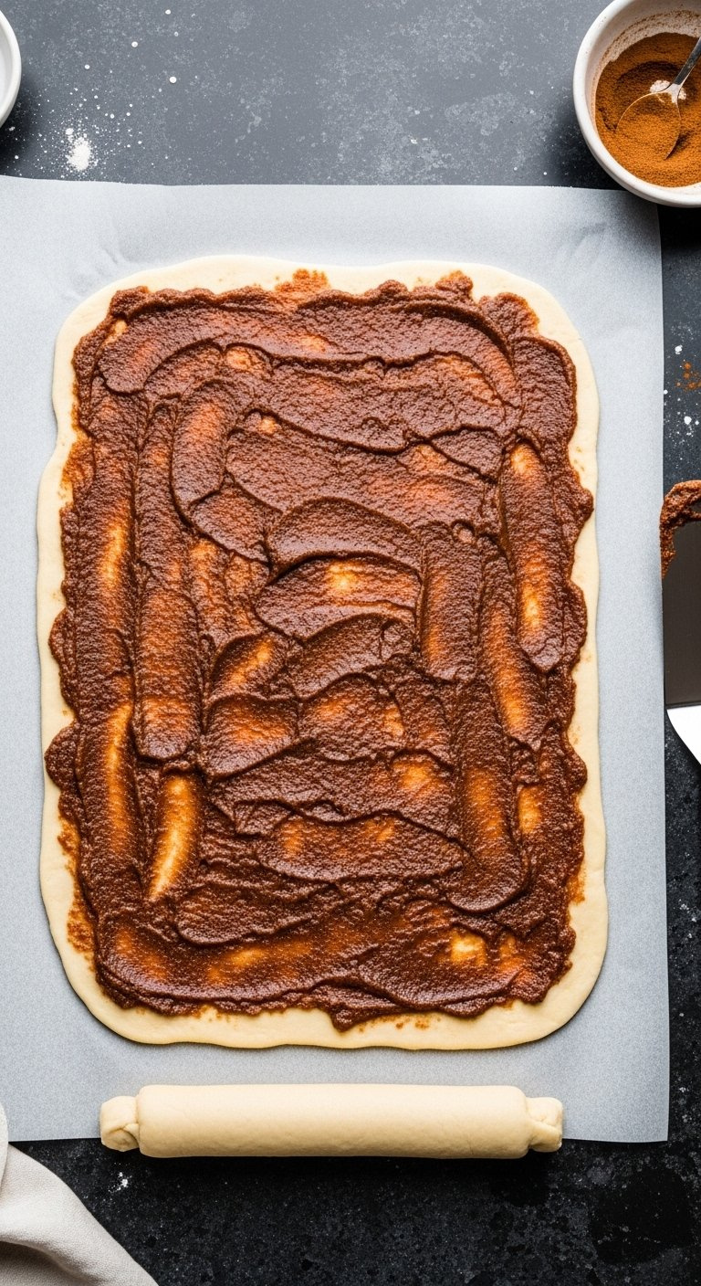 Rolled Cookie Dough Rectangle With Cinnamon Sugar Filling And Clean Dough Border.