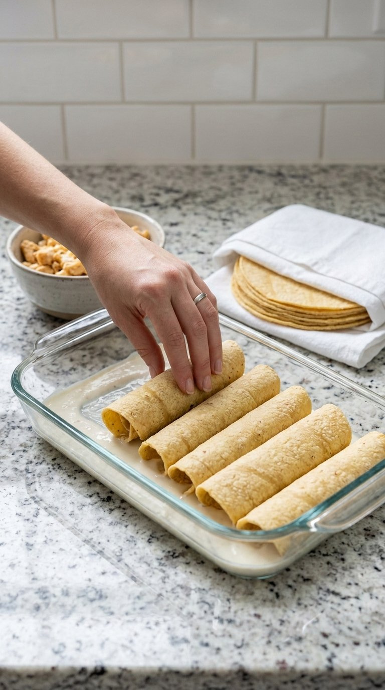 Rolled Tortillas Being Assembled In A Glass Baking Dish With White Sauce And Filling Ingredients.