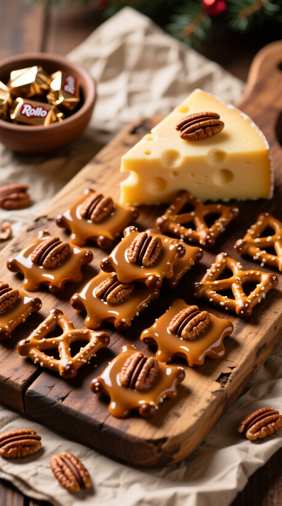 Rolo Pretzel Bites With Melted Caramel &Amp; Pecan Halves, Sweet-Salty Treat On Rustic Wooden Board With Holiday Napkin.