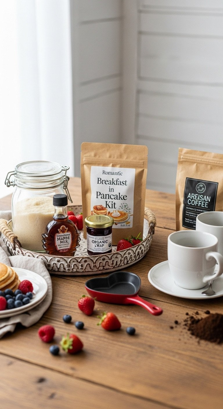 Romantic Breakfast In Bed Pancake Kit. Wooden Tray With Pancake Mix, Maple Syrup, Jam, Heart Pan, Coffee Mugs.