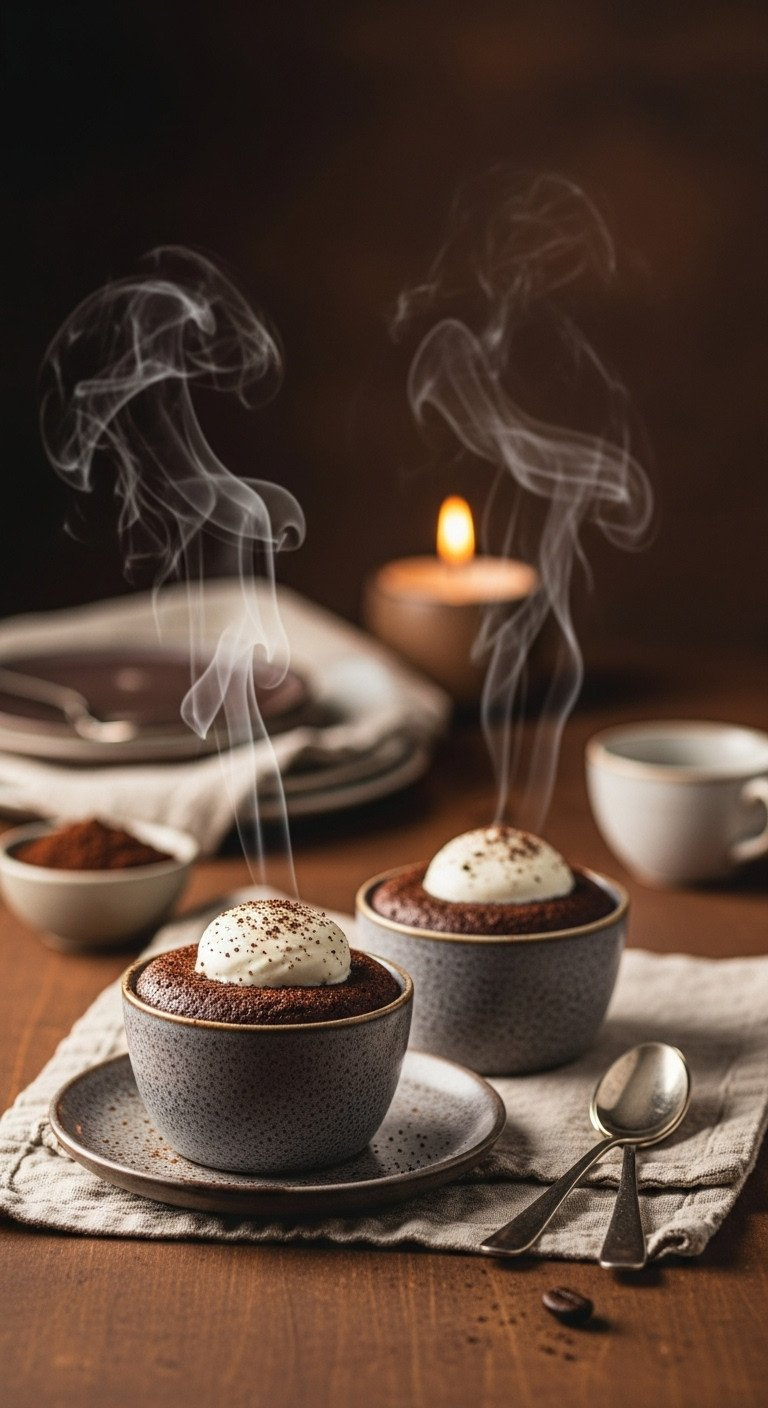 Romantic Espresso Chocolate Fondants, Warm, With Ice Cream &Amp; Coffee Grounds. Cozy, Intimate Gourmet Dessert.
