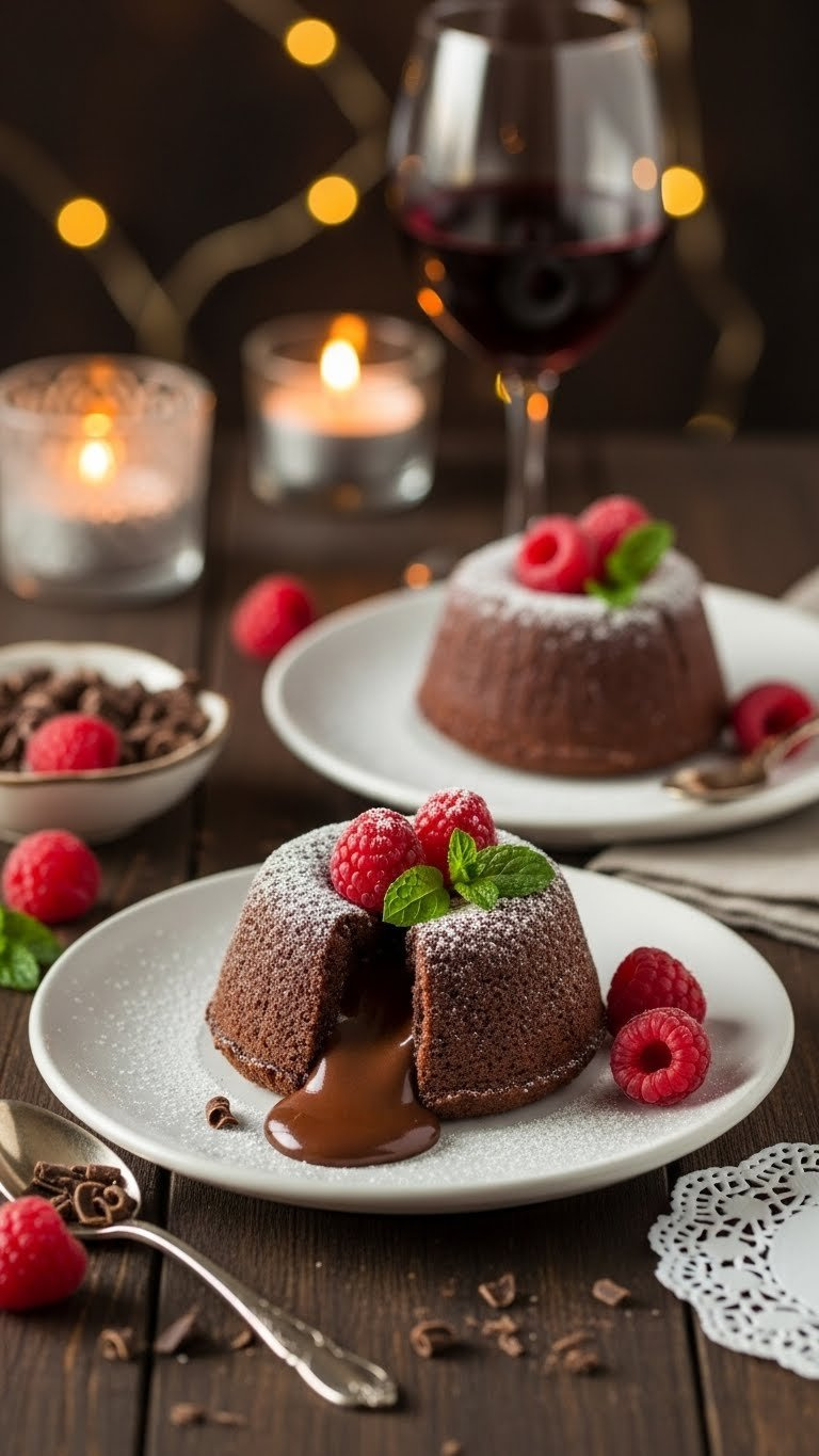 Romantic Mini Chocolate Lava Cakes For Two Oozing Molten Chocolate With Raspberries On Elegant Dessert Plates