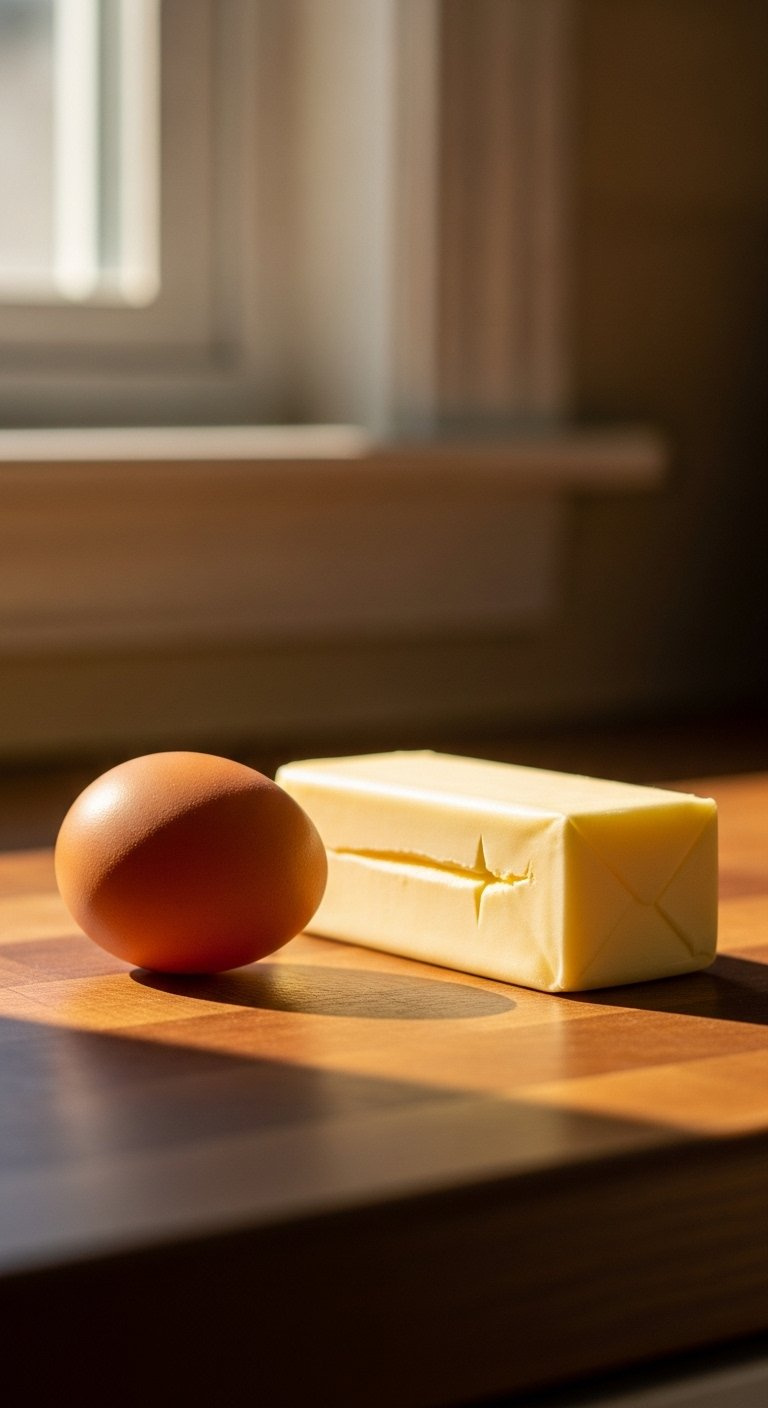 Room Temperature Brown Egg And Soft Stick Of Butter On Warm Butcher Block Countertop.