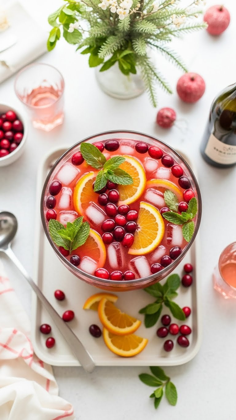 Rosé Cranberry Punch In Glass Bowl With Floating Cranberries And Orange Slices For Gatherings
