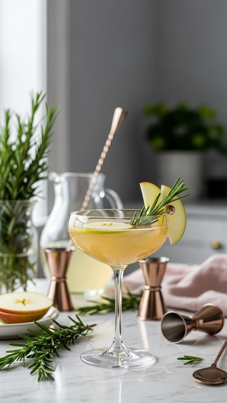 Rosemary Infused Apple Sparkler In Elegant Coupe Glass With Fresh Rosemary Sprig On Marble Countertop