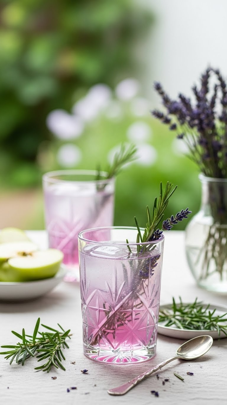 Rosemary-Lavender Apple Refresher In Crystal Highball Glass With Lavender Sprig And Rosemary Branch On Linen Tablecloth