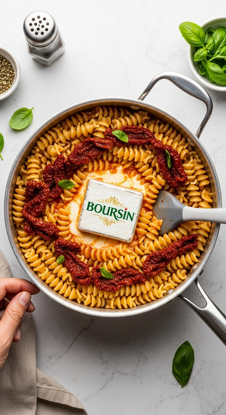 Rotini Pasta With Melting Boursin Cheese And Sun-Dried Tomatoes In A Sleek Pot With A Spatula And Fresh Basil