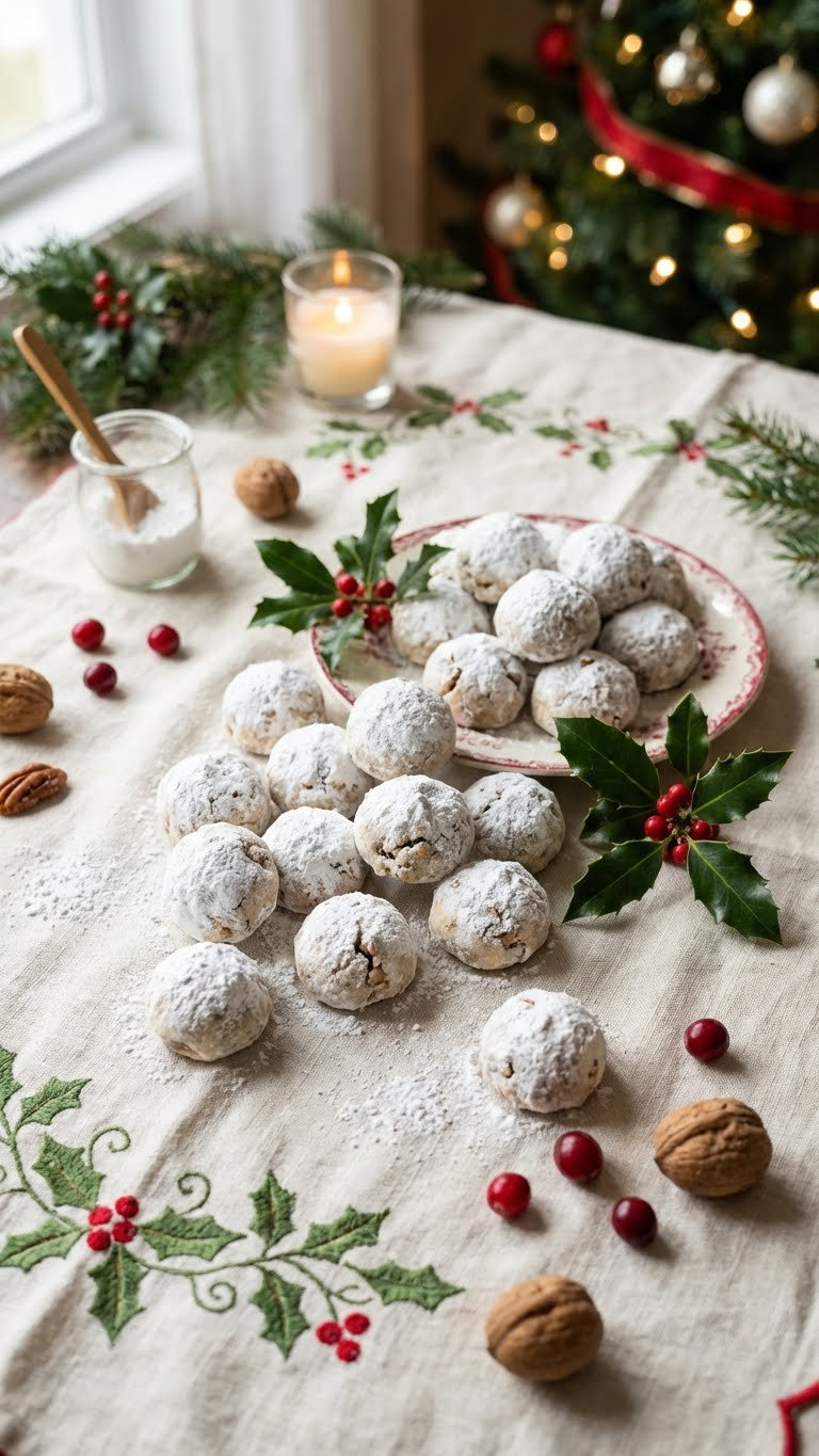 Round, Pristine White Holiday Snowball Cookies Generously Dusted With Powdered Sugar On A Festive Tablecloth With Holly.