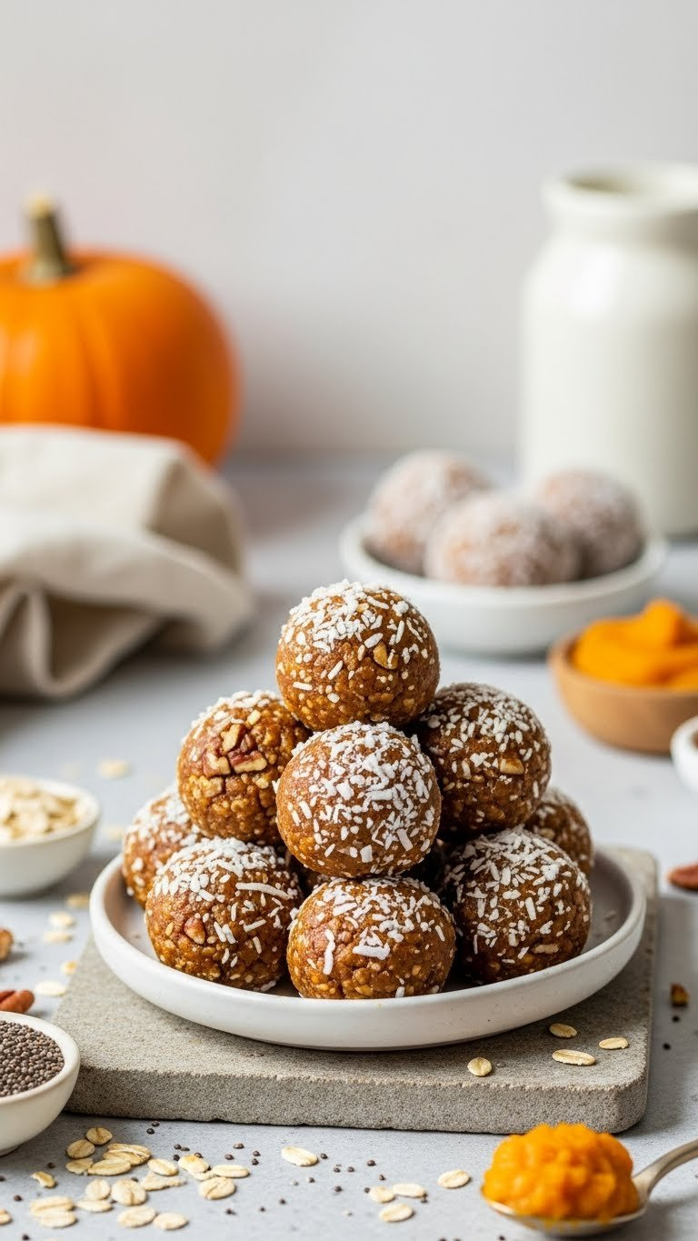Round Pumpkin Energy Bites Rolled In Coconut Arranged In Pyramid Formation On Stone Surface