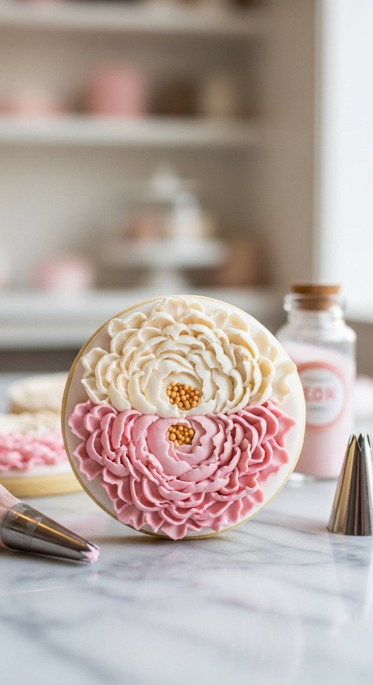Round Sugar Cookie Featuring Intricate Layered Peony Petals In Blush Pink And Cream On Marble.
