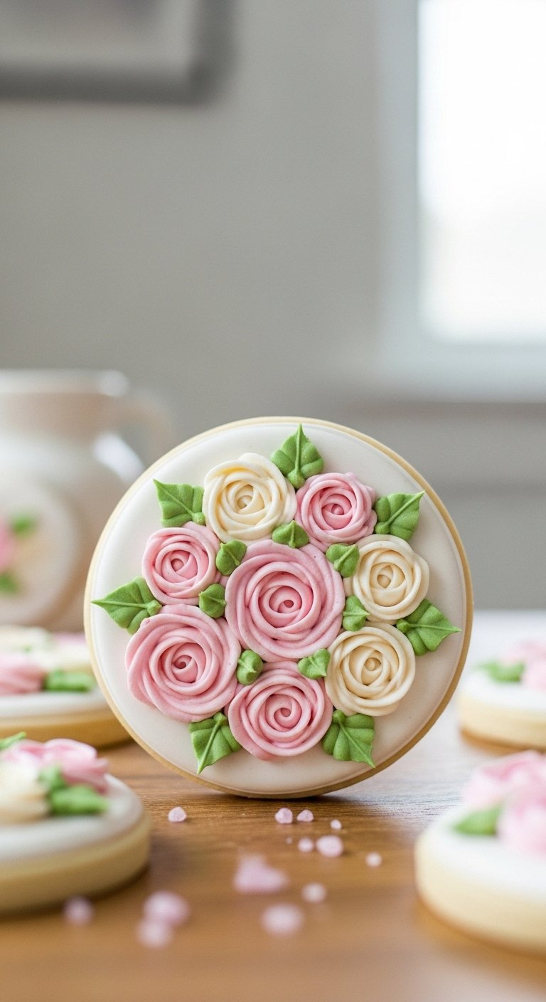 Round Sugar Cookie With Soft Pink And Cream Rosebuds Piped In Wet-On-Wet Technique On Rustic Wooden Table.