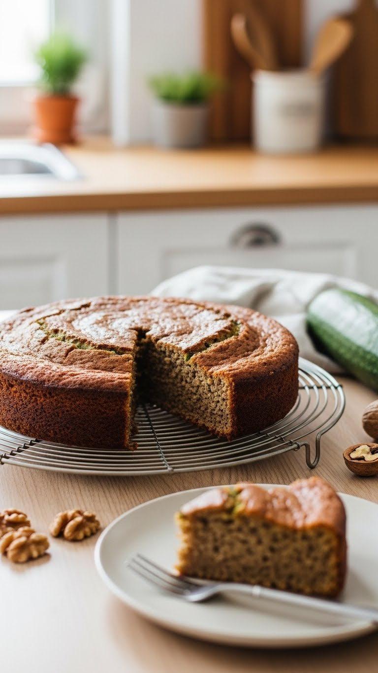 Round Vegan Zucchini Cake Cooling On Wire Rack With Slice Removed Revealing Moist Interior Texture