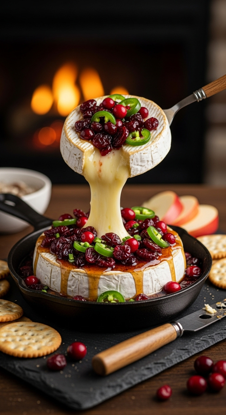 Round Wheel Of Warm Baked Brie With Cranberry And Jalapeño In A Cast Iron Skillet With Melted Cheese