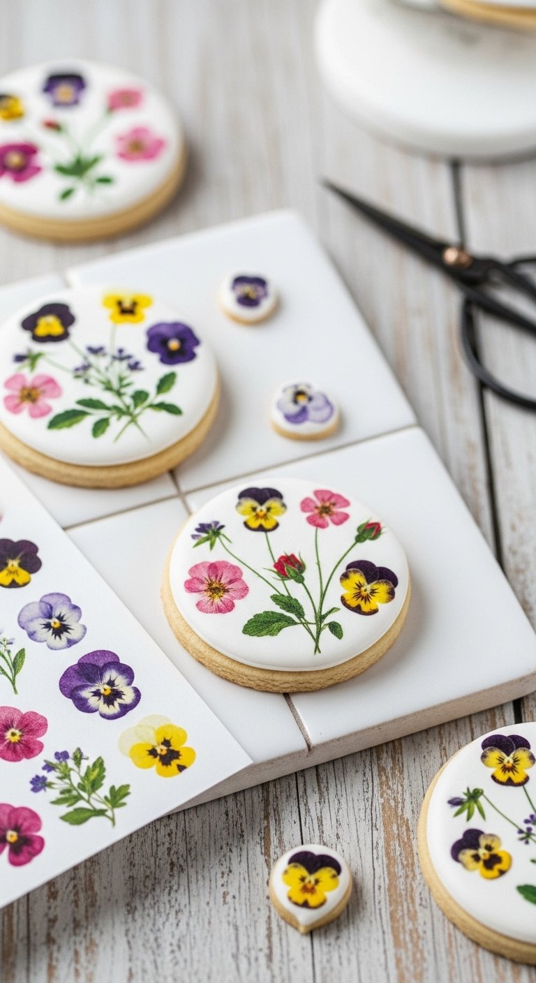 Round White Sugar Cookie Topped With Vibrant Pressed Wafer Paper Flowers On Ceramic Tile.