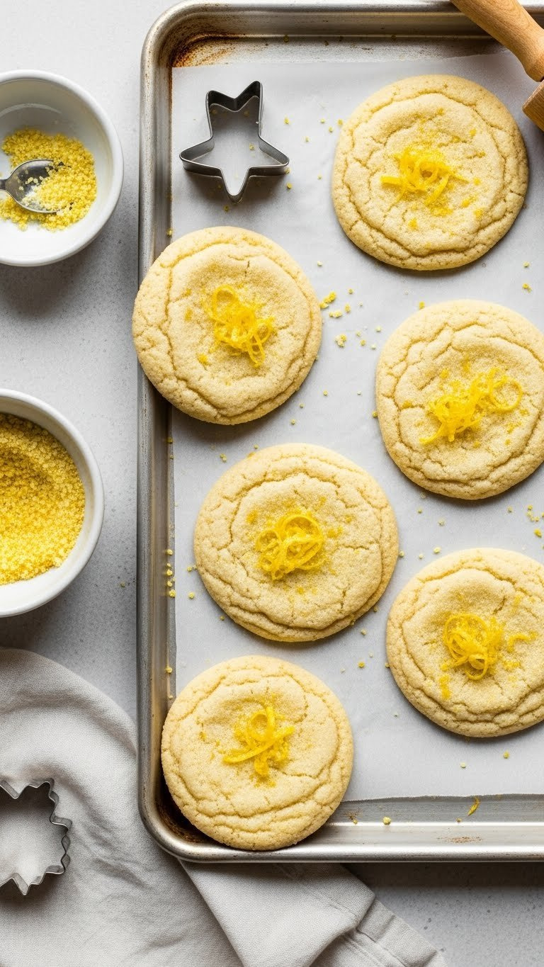 Round Zesty Lemon Sugar Cookies, Soft Centers, Crisp Edges, Dusted With Lemon Zest Sugar On White Linen, Baking Tools.