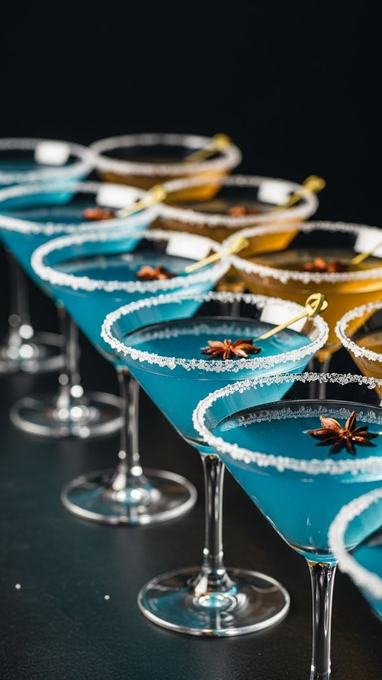 Row Of Clear Martini Glasses Filled With Vibrantly Colored Tassel Tini Cocktails Featuring Festive Garnishes And Sugared Rims.