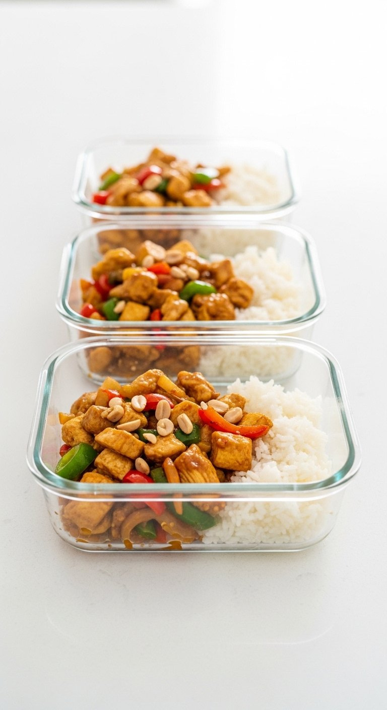Row Of Three Glass Meal Prep Containers Filled With Thai Peanut Chicken Stir-Fry And Rice On A White Counter.