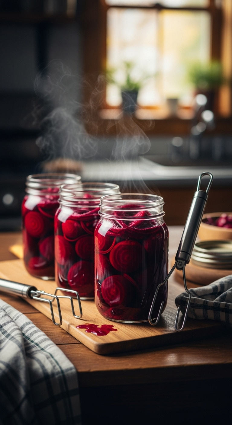 Row Of Three Sealed Pint Jars Of Vibrant Pickled Beets Cooling On A Rustic Wooden Table With A Jar Lifter In A Cozy Kitchen