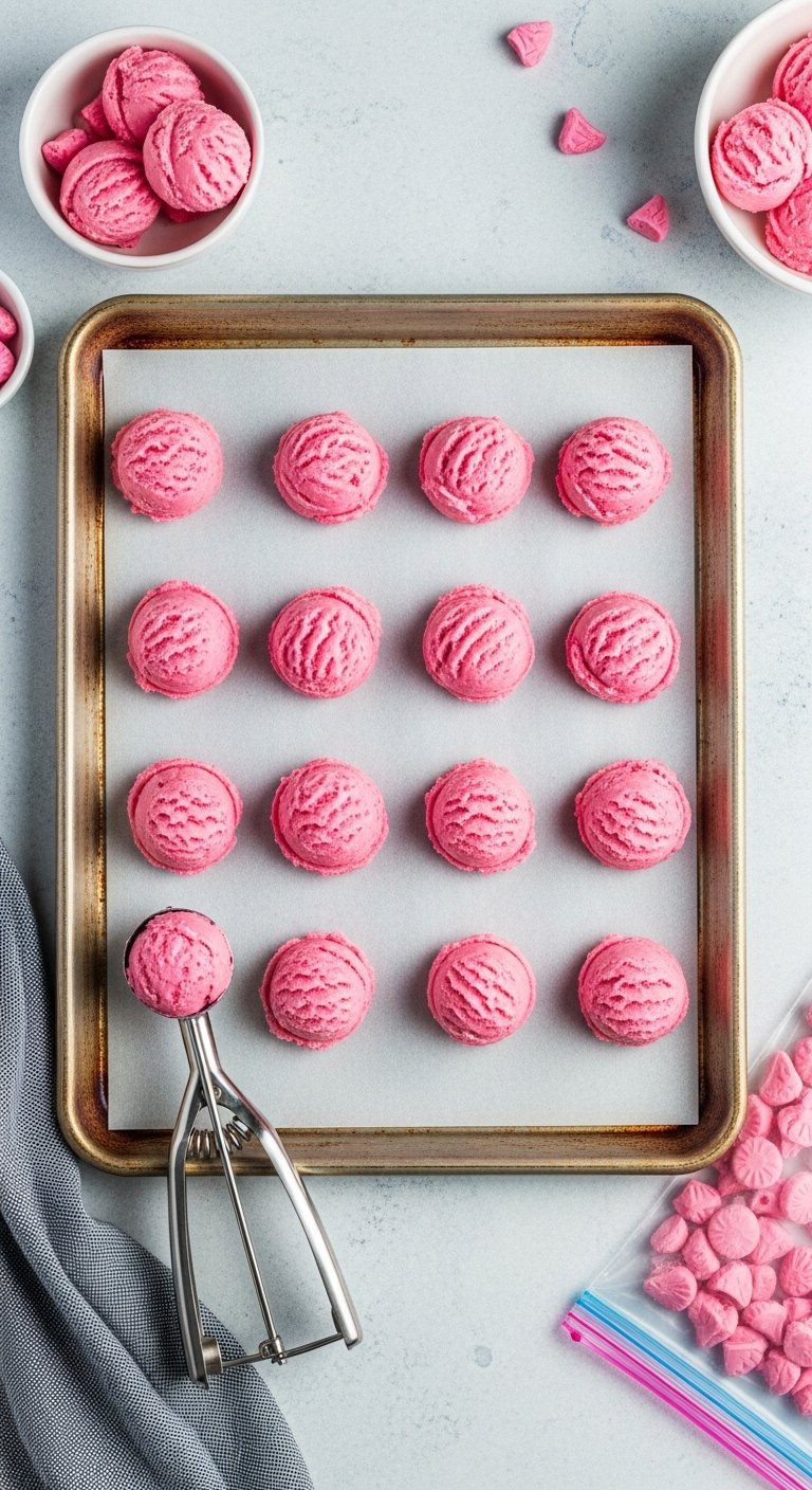 Rows Of Pink Cookie Dough Balls On A Parchment-Lined Baking Sheet.