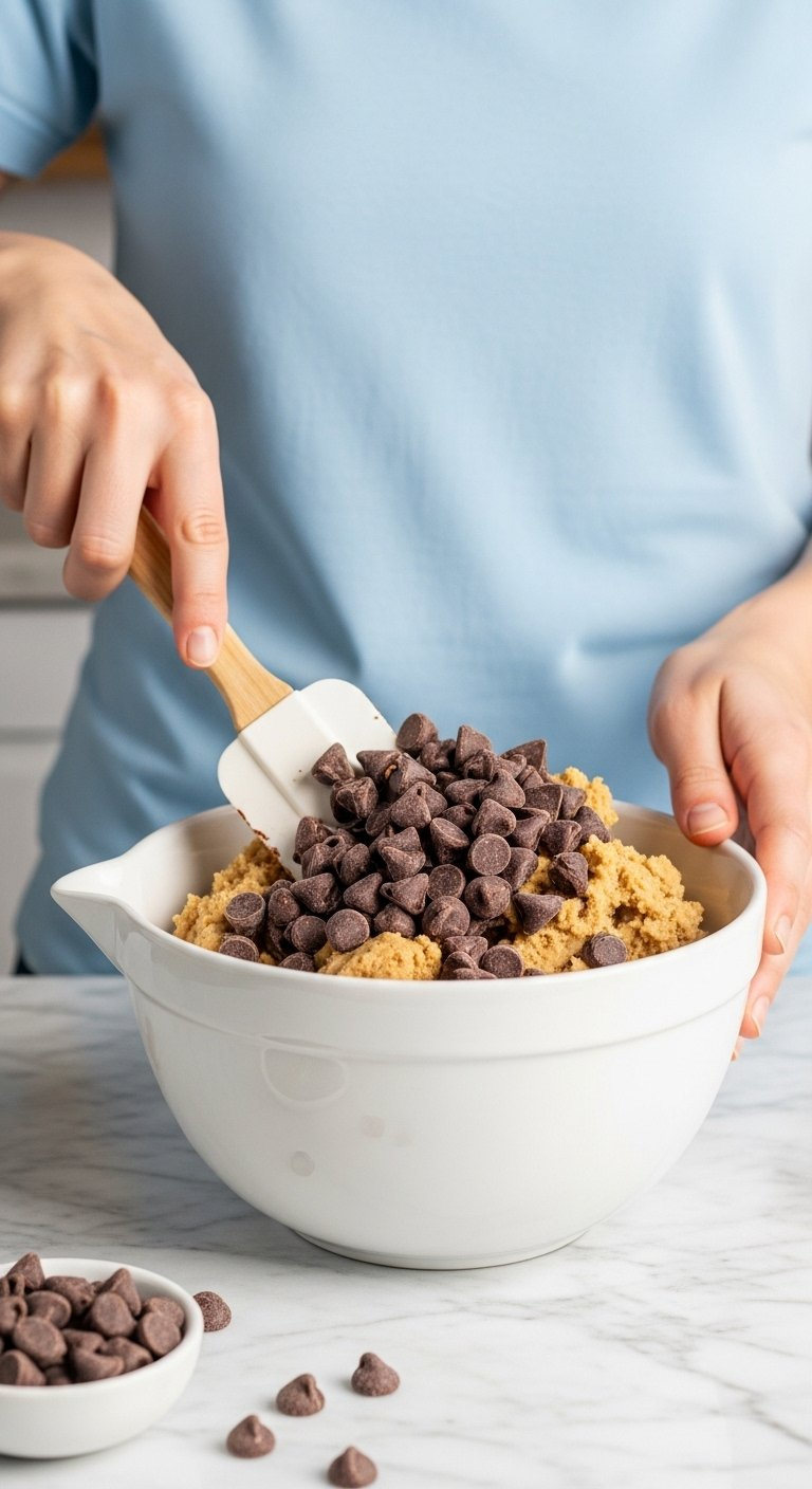 Rubber Spatula Folding Dark Chocolate Chunks Into Graham Cracker Cookie Dough In A White Ceramic Bowl.