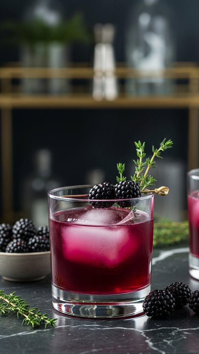 Ruby-Purple Blackberry Thyme Shrub Mocktail In Elegant Lowball Glass Over Large Ice Cube