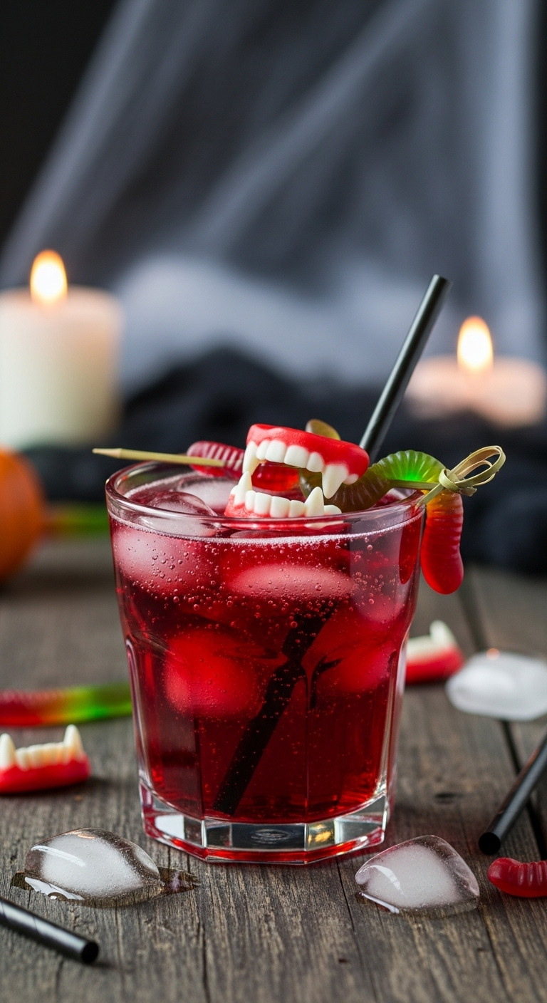 Ruby-Red Vampire Blood Shirley Temple Punch With Vegan Gummy Fangs, Ice, And Straw On A Dark Table, Halloween Drink.