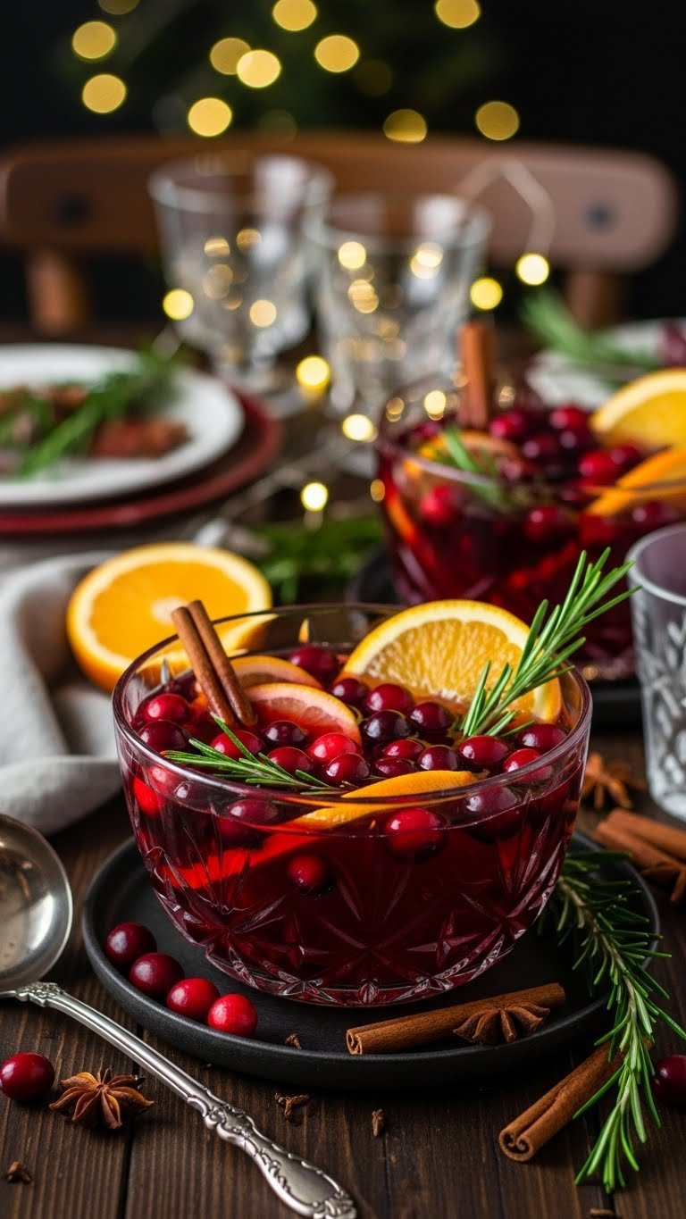 Ruby Red Cranberry Orange Holiday Punch In Decorative Glass Bowl With Fresh Cranberries And Rosemary Sprigs On Festive Table