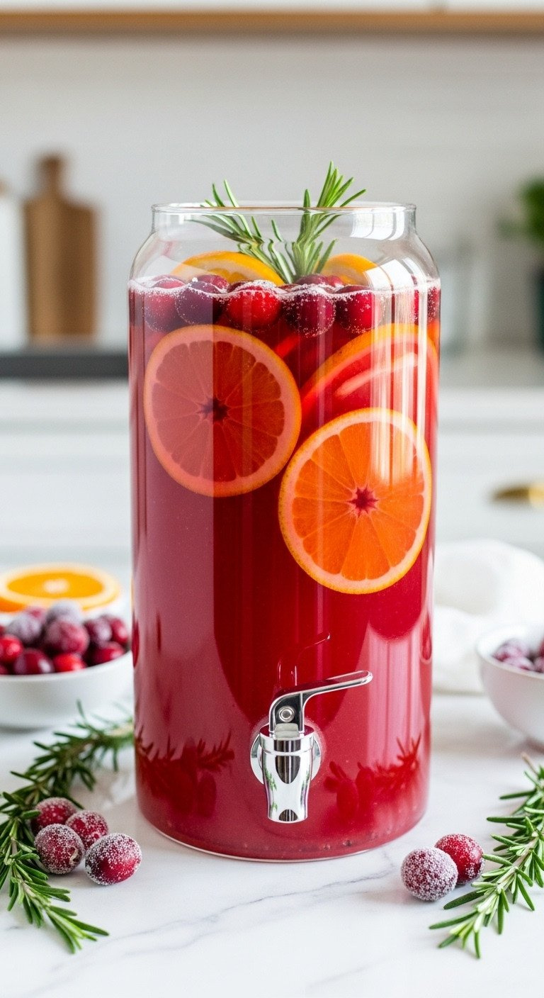 Ruby-Red Cranberry-Orange Punch In A Dispenser With Fresh Cranberries, Orange Slices, Rosemary On White Marble.