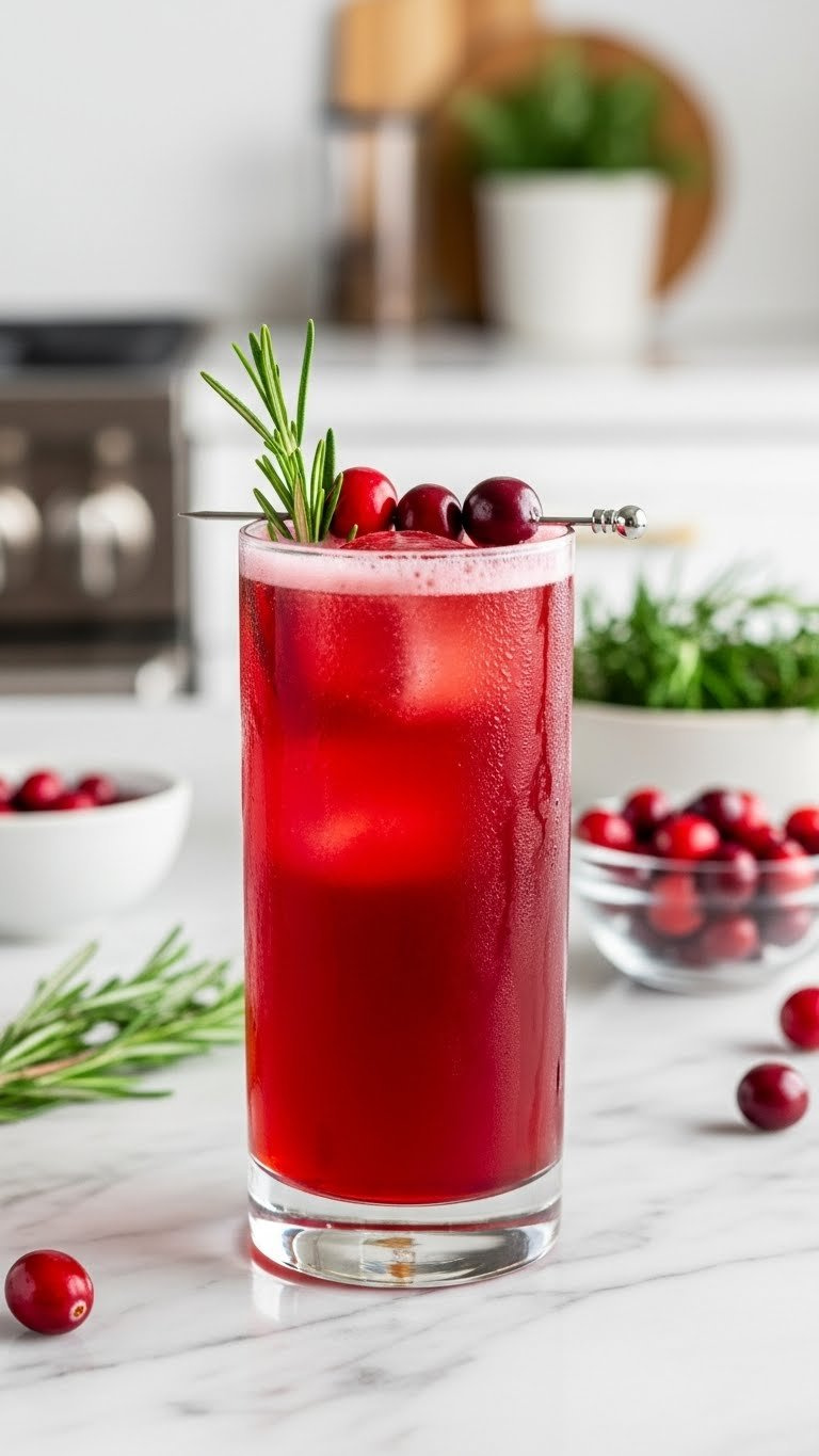 Ruby-Red Cranberry Rosemary Sparkler Mocktail In Elegant Highball Glass With Fresh Garnish And Condensation On Marble Countertop