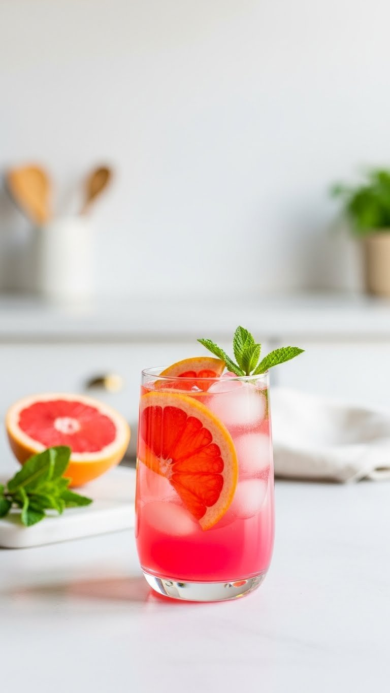 Ruby Red Grapefruit And Gin Sparkler With Citrus Slices And Mint Leaf In Sleek Glass