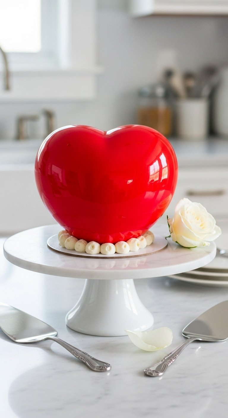 Ruby Red Heart-Shaped Mirror Glaze Cake On White Marble Pedestal With Silver Server &Amp; White Rose Petal. Elegant Dessert For Celebrations.