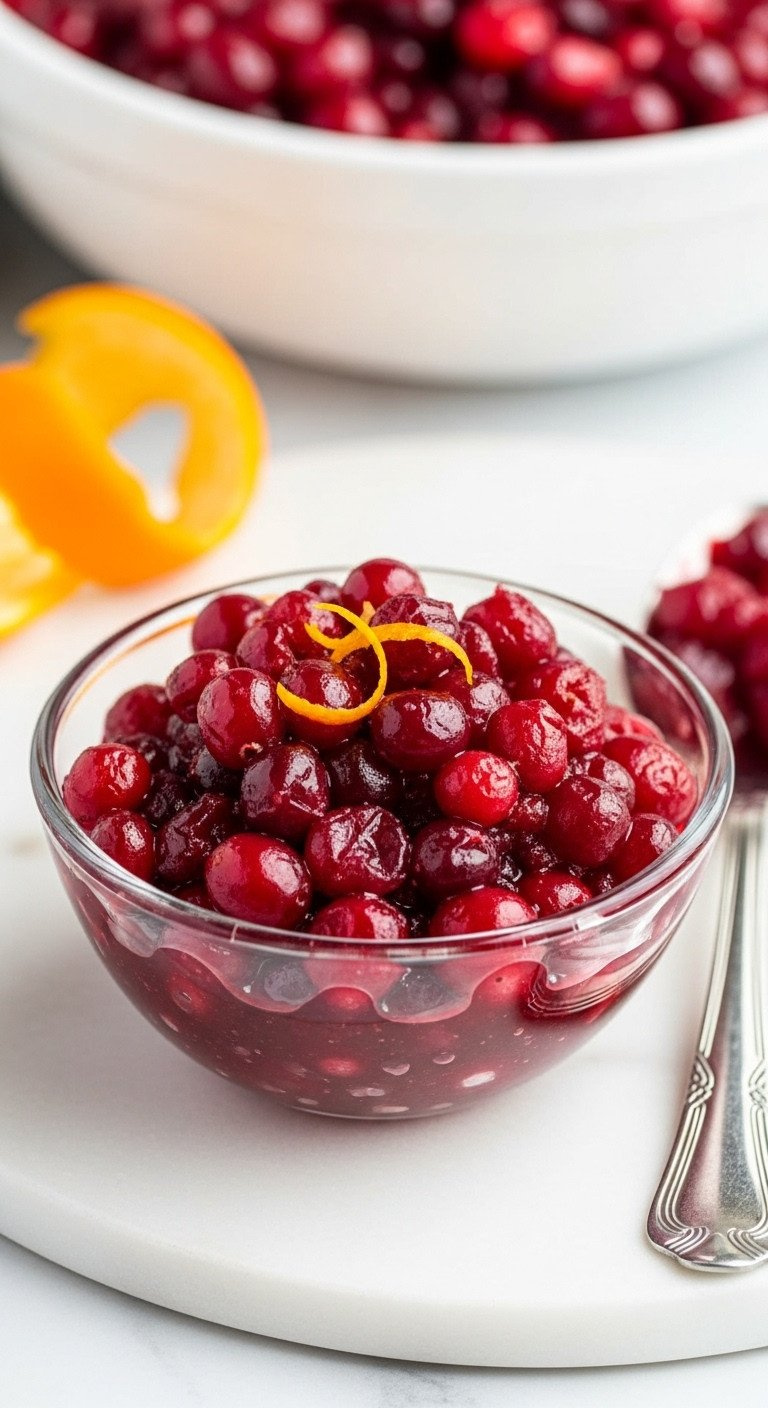 Ruby-Red Homemade Cranberry Sauce With Orange Zest In A Glass Bowl, Glossy Chunky Texture, Perfect Holiday Condiment.