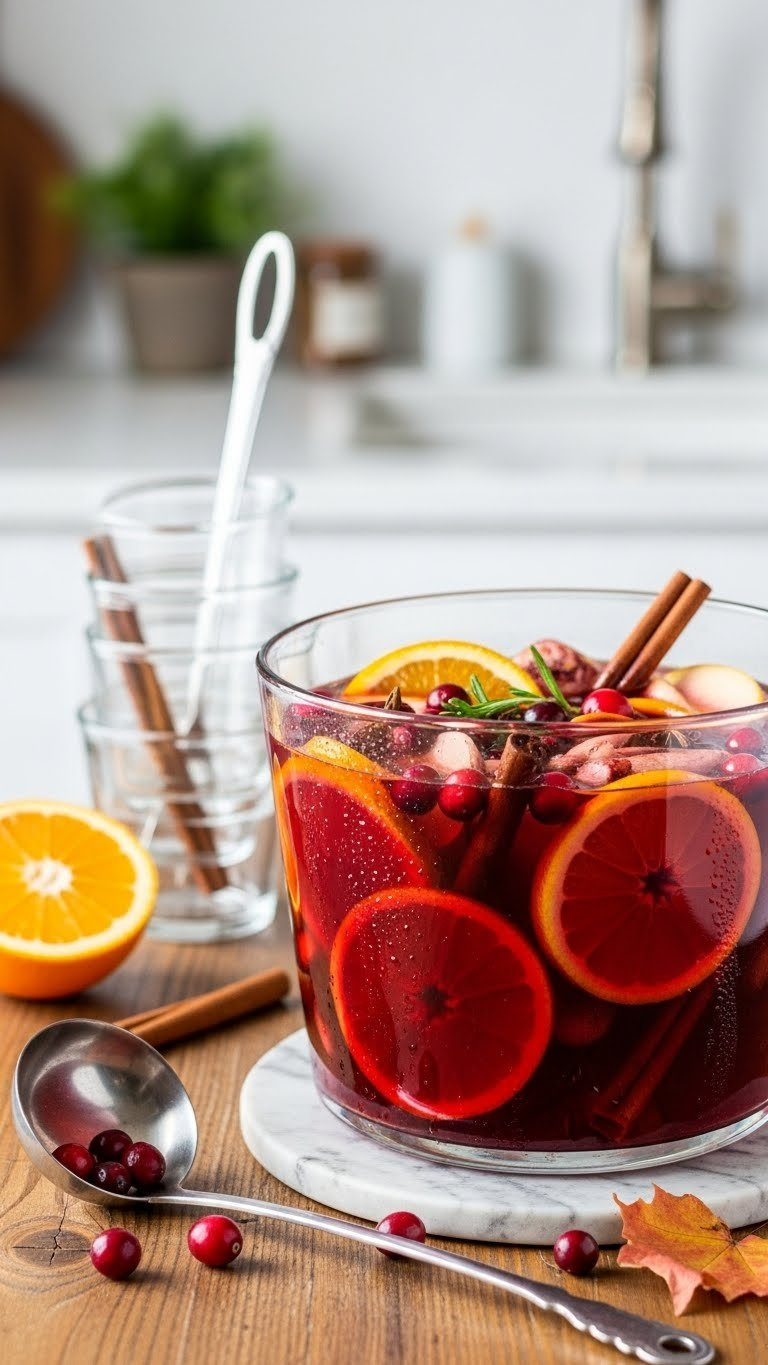Ruby-Red Spiced Apple Cider Punch In Glass Bowl With Orange Slices And Cinnamon Sticks