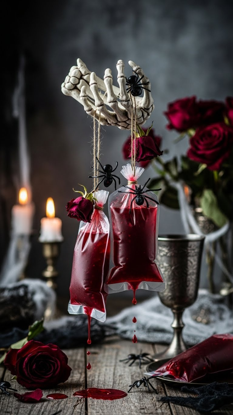 Ruby-Red Vampire Blood Bag Cocktails Suspended From Skeletal Hand Prop With Wilted Roses And Cobwebs In Gothic Setting