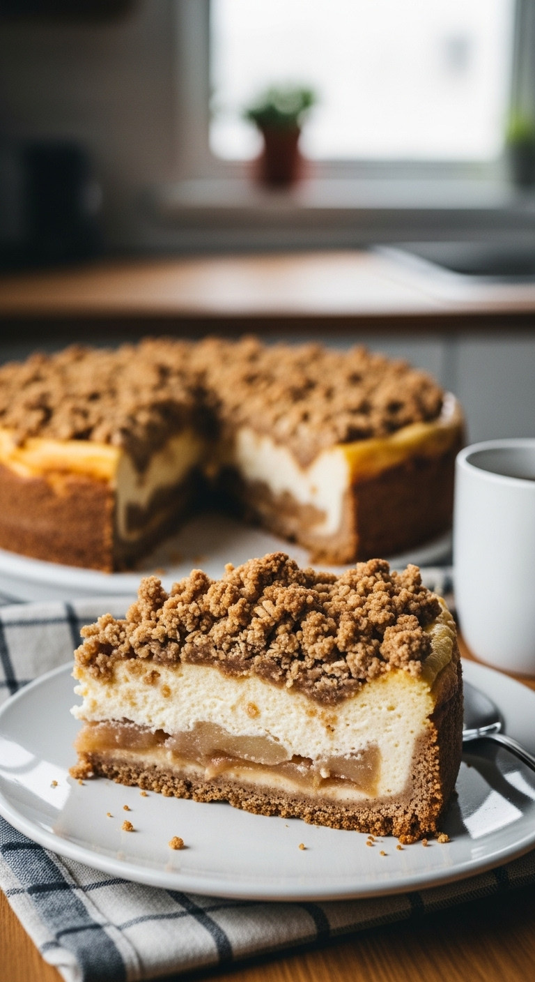 Rustic Apple Crumble Cheesecake Slice With Creamy Layers, Spiced Apples, Golden Oat Crumble. Cozy Kitchen, Wooden Table, Steaming Mug.
